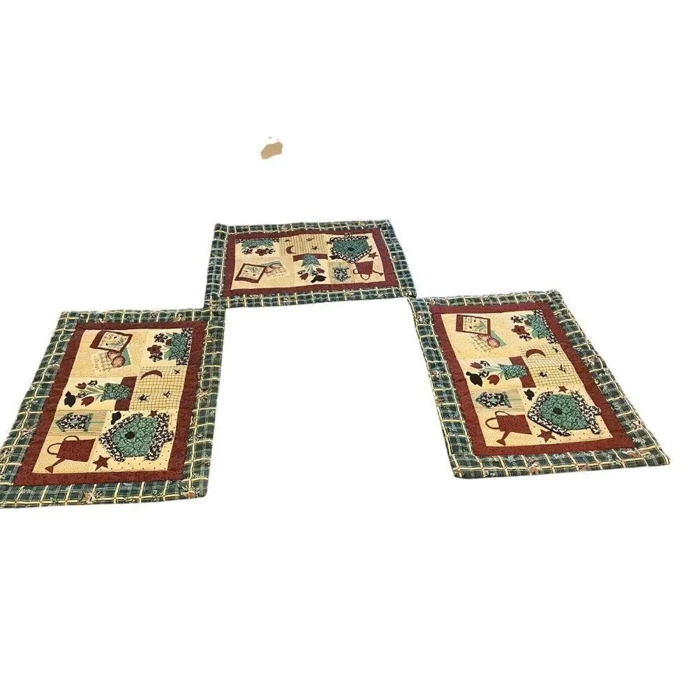 Set Of 3 Quilted Table Placemats With Country Birdhouse Design & Plaid Backing